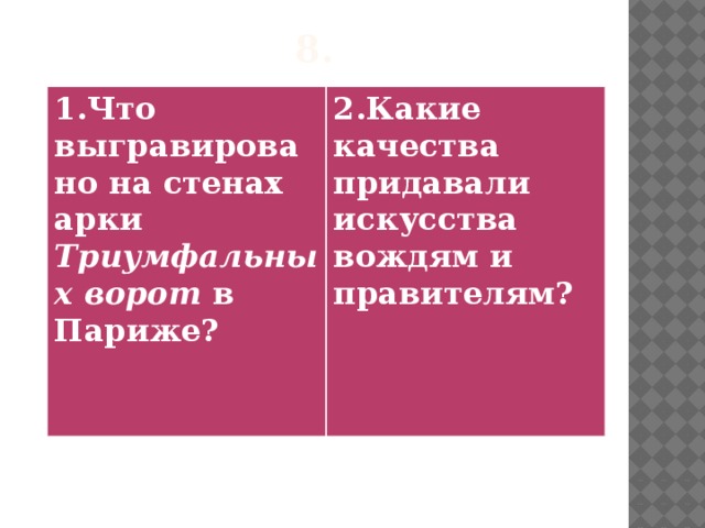 8. 1.Что выгравировано на стенах арки Триумфальных ворот в Париже?  2.Какие качества придавали искусства вождям и правителям?  