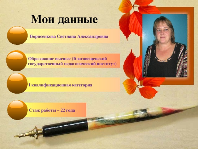 Мои данные  Борисенкова Светлана Александровна  Образование высшее (Благовещенский  государственный педагогический институт )  I квалификационная категория  Стаж работы – 22 года 2 
