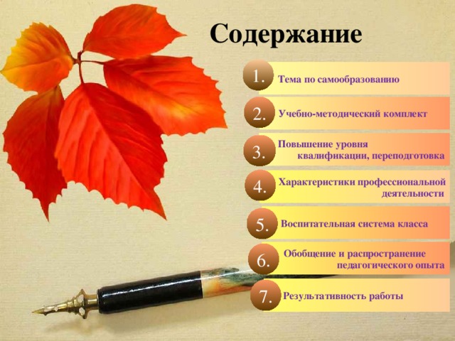 Содержание 1.  Тема по самообразованию  Учебно-методический комплект 2.  Повышение уровня  квалификации, переподготовка 3. 3. 4.  Характеристики профессиональной  деятельности  Воспитательная система класса 5.  Обобщение и распространение  педагогического опыта 6.  Результативность работы 7. 4 