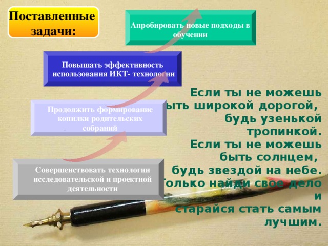 Поставленные задачи: Апробировать новые подходы в обучении Повышать эффективность  использования ИКТ- технологии  Если ты не можешь быть широкой дорогой,  будь узенькой тропинкой.  Если ты не можешь быть солнцем,  будь звездой на небе.  Только найди свое дело и  старайся стать самым лучшим.     Дуглас Мэллох.   Продолжить формирование копилки родительских собраний  -  - Совершенствовать технологии исследовательской и проектной деятельности 