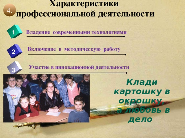 4. Характеристики профессиональной деятельности     Владение современными технологиями 1 Включение в методическую работу 2 Участие в инновационной деятельности 3 Клади картошку в окрошку,  а любовь в дело   