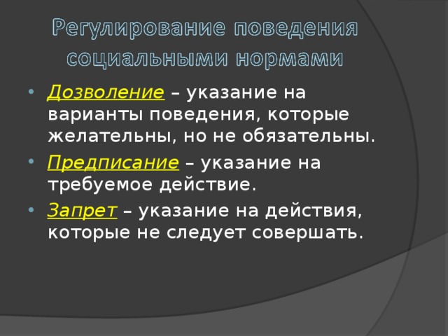Дозволение – указание на варианты поведения, которые желательны, но не обязательны. Предписание – указание на требуемое действие. Запрет – указание на действия, которые не следует совершать. 