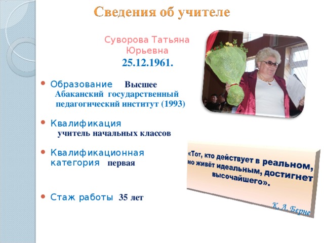 Суворова Татьяна Юрьевна 25.12.1961.  Образование  Высшее   Абаканский государственный педагогический институт (1993) Квалификация  учитель начальных классов Квалификационная категория первая  Стаж работы  35 лет  На данном слайде возможно размещение всех перечисленных данных учителя, а также фотографии.  