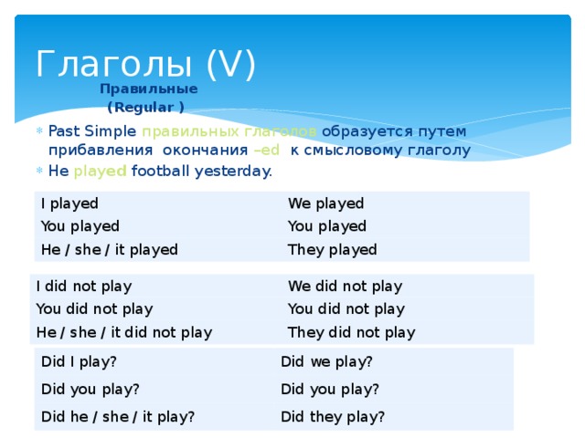 Глаголы (V)  Правильные (Regular ) Past Simple правильных глаголов образуется путем прибавления окончания –ed к смысловому глаголу He play ed football yesterday. I played You played We played He / she / it played You played They played I did not play You did not play We did not play He / she / it did not play You did not play They did not play Did I play? Did you play? Did we play? Did he / she / it play? Did you play? Did they play? 