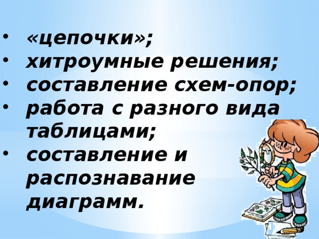 «цепочки»; хитроумные решения; составление схем-опор; работа с разного вида таблицами; составление и распознавание диаграмм. 
