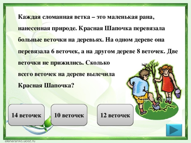 Каждая сломанная ветка – это маленькая рана, нанесенная природе. Красная Шапочка перевязала больные веточки на деревьях. На одном дереве она перевязала 6 веточек, а на другом дереве 8 веточек. Две веточки не прижились. Сколько всего веточек на дереве вылечила Красная Шапочка? 14 веточек 10 веточек 12 веточек 
