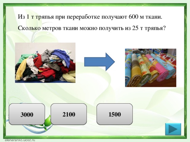 Из 1 т тряпья при переработке получают 600 м ткани. Сколько метров ткани можно получить из 25 т тряпья? 2100 1500 3000 