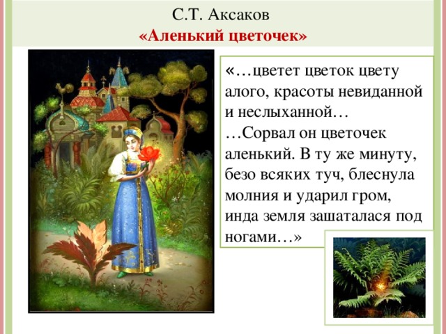 С.Т. Аксаков «Аленький цветочек» «… цветет цветок цвету алого, красоты невиданной и неслыханной… … Сорвал он цветочек аленький. В ту же минуту, безо всяких туч, блеснула молния и ударил гром, инда земля зашаталася под ногами…» http://img-fotki.yandex.ru/get/2710/86441892.155/0_8c771_c7771938_orig.jpg Иллюстрация к сказке 10 