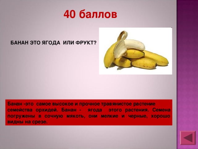 40 баллов БАНАН ЭТО ЯГОДА ИЛИ ФРУКТ? Банан -это самое высокое и прочное травянистое растение семейства орхидей. Банан - ягода этого растения. Семена погружены в сочную мякоть, они мелкие и черные, хорошо видны на срезе. 