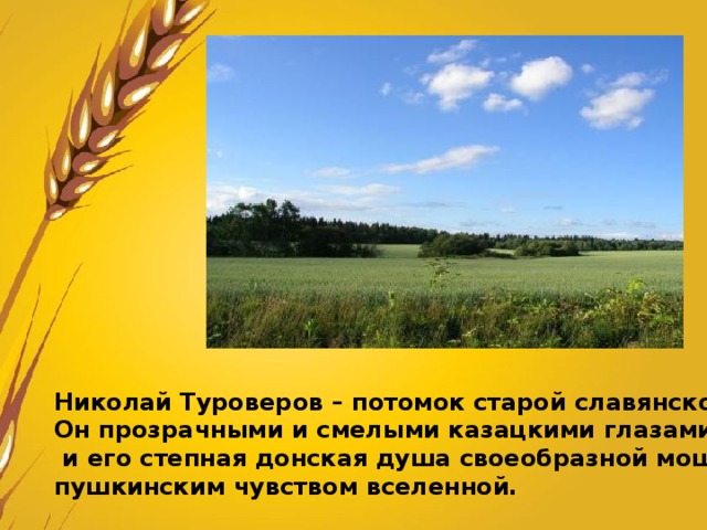 Николай Туроверов – потомок старой славянской казацкой семьи. Он прозрачными и смелыми казацкими глазами смотрит на мир,  и его степная донская душа своеобразной мощью сочетается с ясным, пушкинским чувством вселенной. 