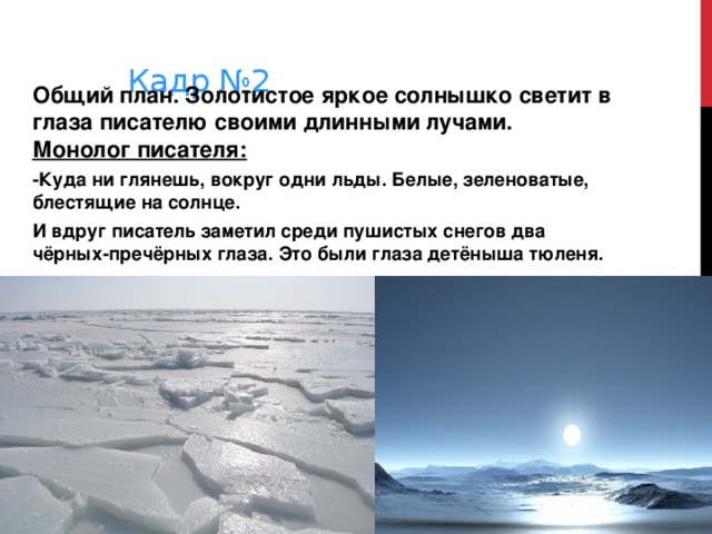    Кадр №2     Общий план. Золотистое яркое солнышко светит в глаза писателю своими длинными лучами.  Монолог писателя: -Куда ни глянешь, вокруг одни льды. Белые, зеленоватые, блестящие на солнце. И вдруг писатель заметил среди пушистых снегов два чёрных-пречёрных глаза. Это были глаза детёныша тюленя. 