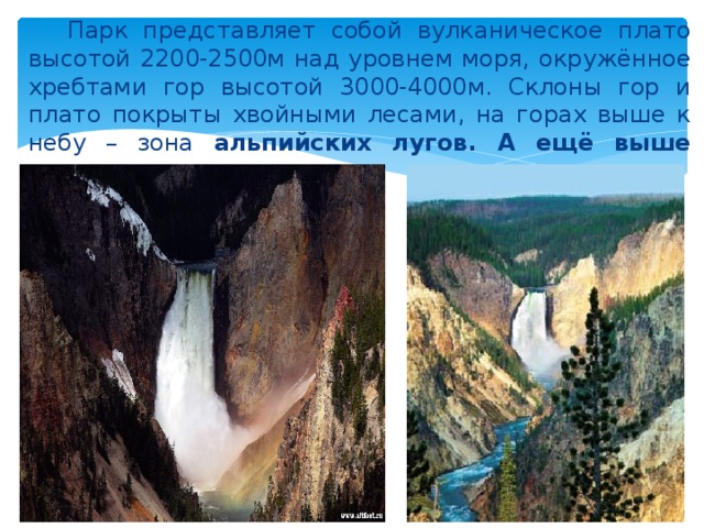  Парк представляет собой вулканическое плато высотой 2200-2500м над уровнем моря, окружённое хребтами гор высотой 3000-4000м. Склоны гор и плато покрыты хвойными лесами, на горах выше к небу – зона альпийских лугов. А ещё выше ледники и вечные снега.  
