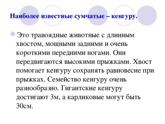 Наиболее известные сумчатые – кенгуру. Это травоядные животные с длинным хвостом, мощными задними и очень короткими передними ногами. Они передвигаются высокими прыжками. Хвост помогает кенгуру сохранять равновесие при прыжках. Семейство кенгуру очень разнообразно. Гигантские кенгуру достигают 3м, а карликовые могут быть 30см. 
