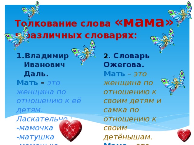 Толкование слова «мама» в различных словарях: Владимир Иванович Даль. 2 . Словарь Ожегова. Мать – это женщина по отношению к её детям. Мать – это женщина по отношению к своим детям и самка по отношению к своим детёнышам. Ласкательно : Мама – это обращение к пожилой женщине. -мамочка -матушка -мамонька -маменька 