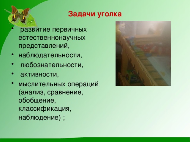 Задачи уголка  развитие первичных естественнонаучных представлений, наблюдательности,  любознательности,  активности, мыслительных операций (анализ, сравнение, обобщение, классификация, наблюдение) ; 