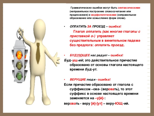  Грамматические ошибки могут быть синтаксическими (неправильное построение словосочетания или предложения) и морфологическими (неправильное образование или осмысление форм слова).  ОПЛАТИТЬ ЗА ПРОЕЗД – ошибка!  Глагол оплатить (как многие глаголы с приставкой о-) управляет существительным в винительном падеже без предлога: оплатить проезд.  БУД УЮ ЩЕЕ нас радует – ошибка! Буд- ущ -ий ; это действительное причастие образовано от основы глагола настоящего времени буд-ут.  ВЕРУЩИЕ люди - ошибка! Если причастие образовано от глагола с суффиксом –ова- (вер ова ть), то этот суффикс в основе настоящего времени заменяется на –у [ й ]- : вер ова ть - веру  [ й ]-[ ут ]  – веру- ЮЩ -ий.  