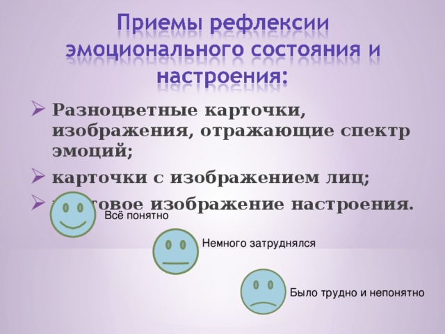 Разноцветные карточки, изображения, отражающие спектр эмоций; карточки с изображением лиц; цветовое изображение настроения.  Всё понятно Немного затруднялся Было трудно и непонятно 