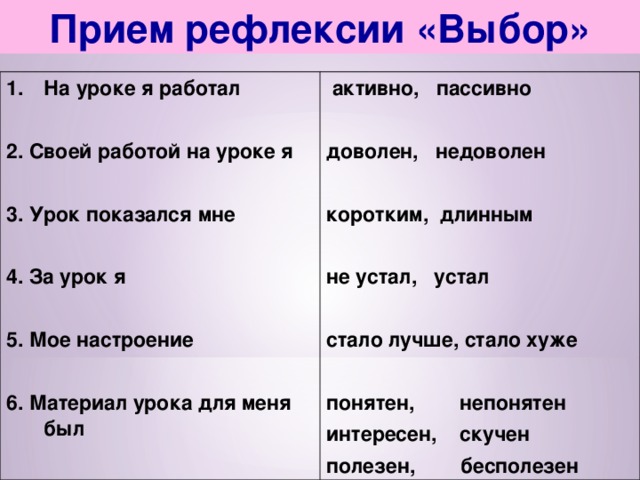 Прием рефлексии «Выбор» На уроке я работал  2. Своей работой на уроке я  3. Урок показался мне  4. За урок я  5. Мое настроение  6. Материал урока для меня был   активно, пассивно  доволен, недоволен  коротким, длинным  не устал, устал  стало лучше, стало хуже  понятен, непонятен интересен, скучен полезен, бесполезен 