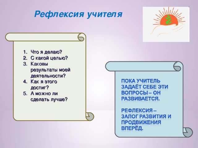 Рефлексия учителя Что я делаю? С какой целью? Каковы результаты моей деятельности? Как я этого достиг? А можно ли сделать лучше? 
