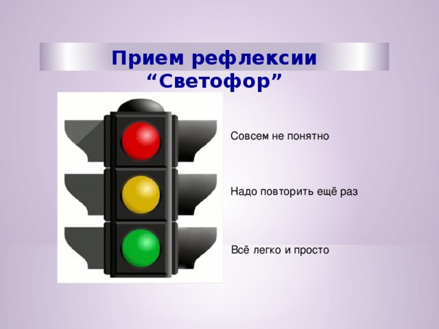 Прием рефлексии “Светофор” Совсем не понятно Надо повторить ещё раз Всё легко и просто 