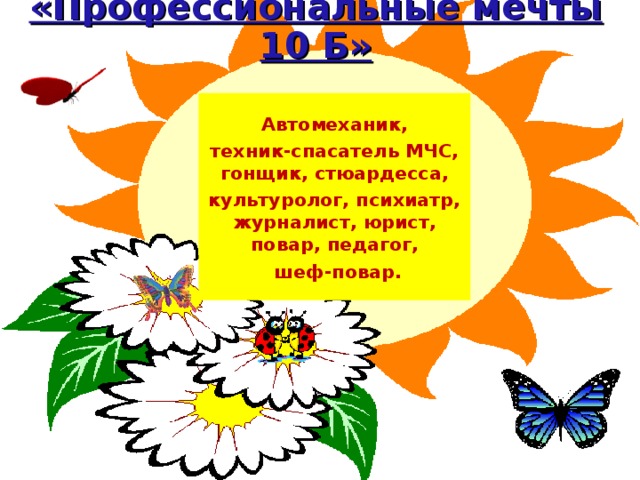 «Профессиональные мечты 10 Б» Автомеханик, техник-спасатель МЧС, гонщик, стюардесса, культуролог, психиатр, журналист, юрист, повар, педагог,  шеф-повар. 