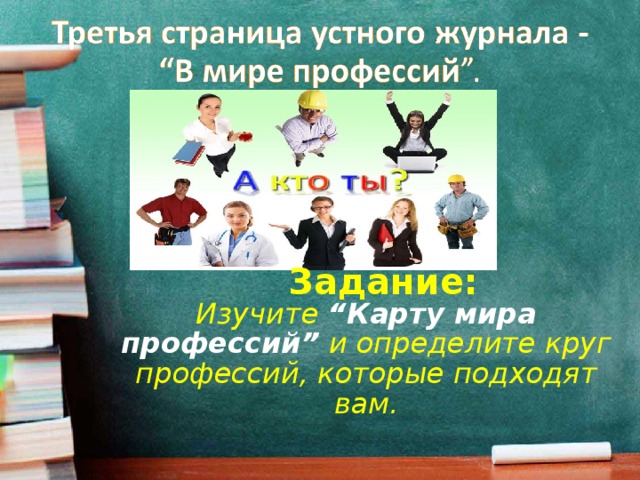 Задание: Изучите “Карту мира профессий” и определите круг профессий, которые подходят вам.  
