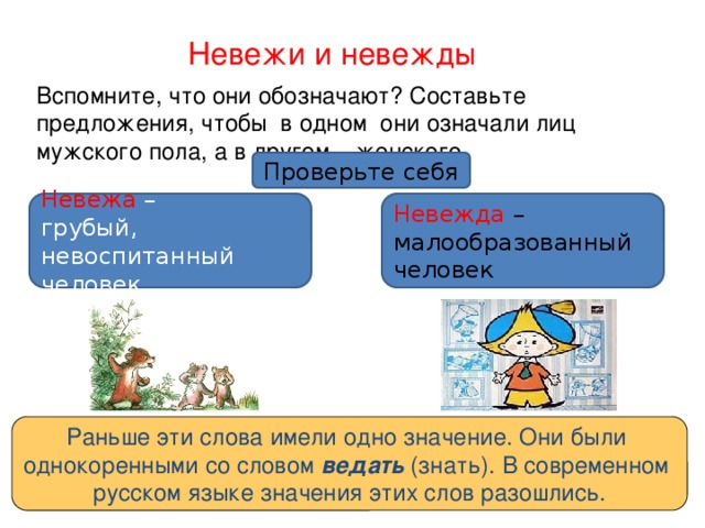 Невежи и невежды Вспомните, что они обозначают? Составьте предложения, чтобы в одном они означали лиц мужского пола, а в другом – женского. Проверьте себя Невежа – Невежда – малообразованный человек грубый, невоспитанный человек Что общего у этих слов? Раньше эти слова имели одно значение. Они были однокоренными со словом ведать (знать). В современном русском языке значения этих слов разошлись. Это существительные общего рода. 