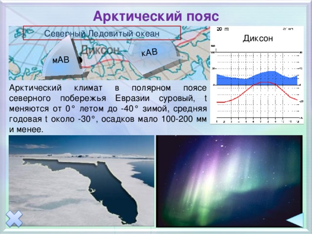 мАВ кАВ мАВ Арктический пояс Северный Ледовитый океан Диксон Арктический климат в полярном поясе северного побережья Евразии суровый, t меняются от 0° летом до -40° зимой, средняя годовая t около -30°, осадков мало 100-200 мм и менее. Анимация по щелчку на прямоугольники. 15 