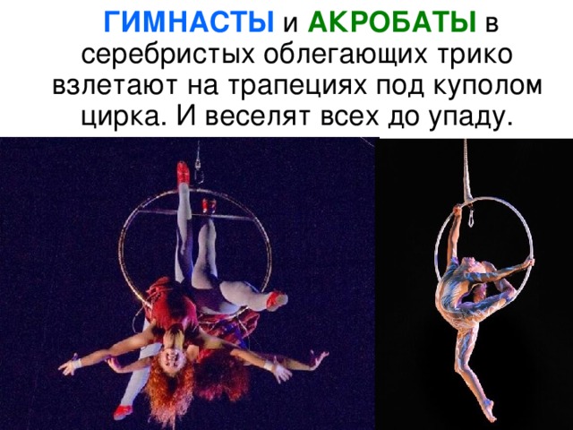   ГИМНАСТЫ  и  АКРОБАТЫ в серебристых облегающих трико взлетают на трапециях под куполом цирка. И веселят всех до упаду. 