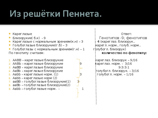Кареглазые Ответ: Близорукие( б.к) - 9 Генотипов -9; фенотипов Кареглазые с нормальным зрением(к.н) – 3 - 4 (кареглаз. близорук., Голубоглазые близорукие(г.б) – 3 карегл. норм., голуб. норм., Голубоглазы с нормальным зрением(г.н) – 1 голубогл. близорук)  По генотипу считаем: количе c тво по фенотипу: AABB – кареглазые близорукие кареглаз. близорук – 9 /16  AABb – кареглазые близорукие 9 кареглаз. норм. - 3 /16 AaBB – кареглазые близорукие  9:3:3:1 AaBb – кареглазые близорукие голубогл. близорук. – 3 /16 Aabb – кареглазые норм. (1) 3 голубогл. норм. – 1 /16 Aabb – кареглазые норм (2) aaBB – голубоглазые близорукие(1) 3 aaBb – голубоглазые близорукие(2) Aabb – голубоглазые норм. - 1  