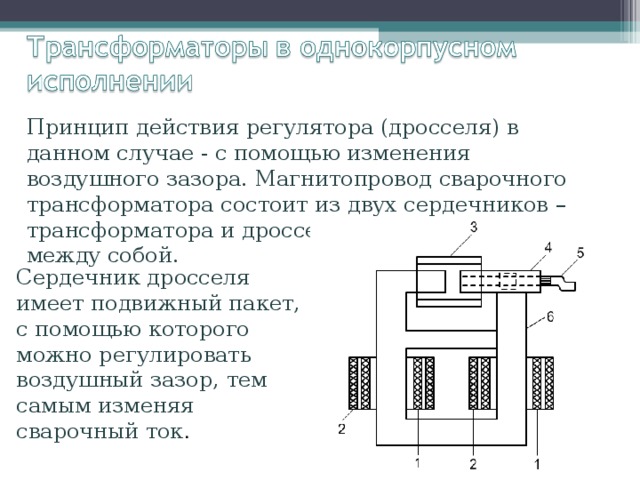 Принцип действия регулятора (дросселя) в данном случае - с помощью изменения воздушного зазора. Магнитопровод сварочного трансформатора состоит из двух сердечников – трансформатора и дросселя, которые связаны между собой. Сердечник дросселя имеет подвижный пакет, с помощью которого можно регулировать воздушный зазор, тем самым изменяя сварочный ток . 