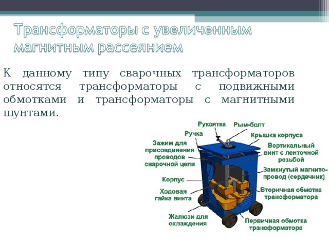 К данному типу сварочных трансформаторов относятся трансформаторы с подвижными обмотками и трансформаторы с магнитными шунтами. 
