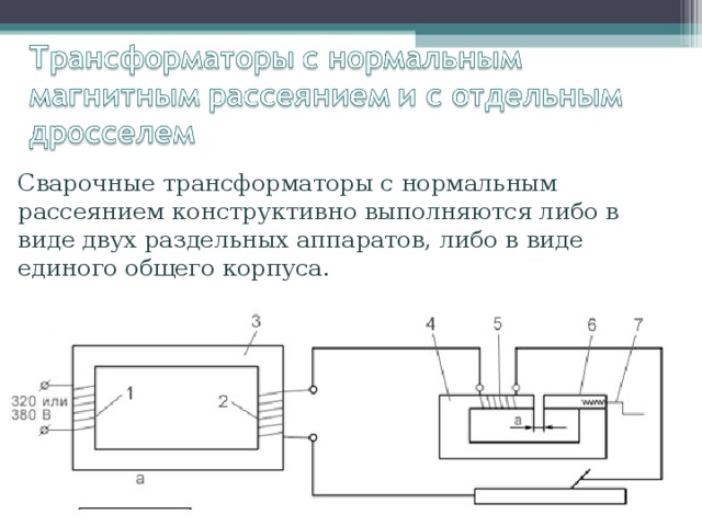 Сварочные трансформаторы с нормальным рассеянием конструктивно выполняются либо в виде двух раздельных аппаратов, либо в виде единого общего корпуса. 
