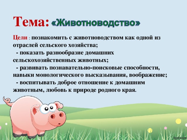 Тема: Цели : познакомить с животноводством как одной из отраслей сельского хозяйства;  - показать разнообразие домашних сельскохозяйственных животных;  - развивать познавательно-поисковые способности, навыки монологического высказывания, воображение;  - воспитывать доброе отношение к домашним животным, любовь к природе родного края . 