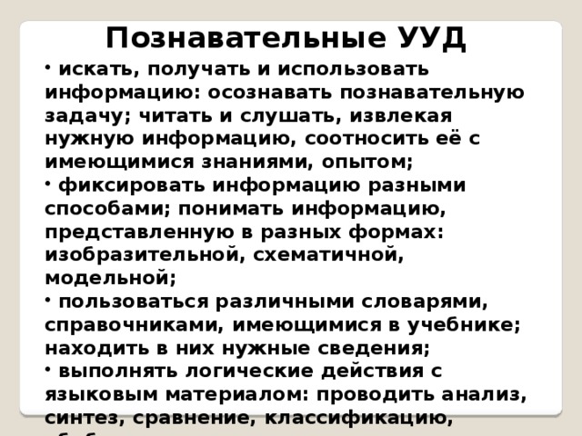 Познавательные УУД   искать, получать и использовать информацию: осознавать познавательную задачу; читать и слушать, извлекая нужную информацию, соотносить её с имеющимися знаниями, опытом;  фиксировать информацию разными способами; понимать информацию, представленную в разных формах: изобразительной, схематичной, модельной;  пользоваться различными словарями, справочниками, имеющимися в учебнике; находить в них нужные сведения;  выполнять логические действия с языковым материалом: проводить анализ, синтез, сравнение, классификацию, обобщение; подводить под понятие, доказывать, делать выводы и т.д. 