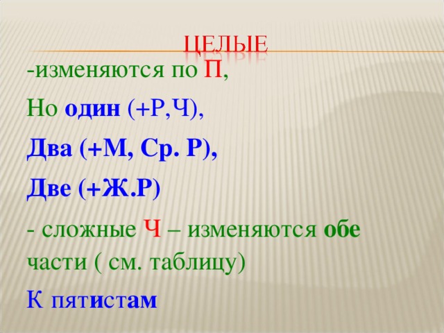 -изменяются по  П , Но  один (+Р,Ч), Два (+М, Ср. Р), Две (+Ж.Р) - сложные  Ч  – изменяются обе части ( см. таблицу) К пят и ст ам  