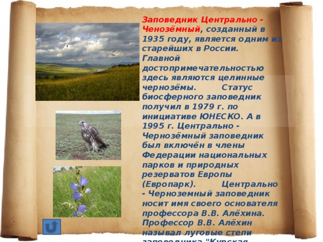 Заповедник Центрально - Ченозёмный , созданный в 1935 году, является одним из старейших в России. Главной достопримечательностью здесь являются целинные чернозёмы. Статус биосферного заповедник получил в 1979 г. по инициативе ЮНЕСКО. А в 1995 г. Центрально - Чернозёмный заповедник был включён в члены Федерации национальных парков и природных резерватов Европы (Европарк). Центрально - Черноземный заповедник носит имя своего основателя профессора В.В. Алёхина. Профессор В.В. Алёхин называл луговые степи заповедника 