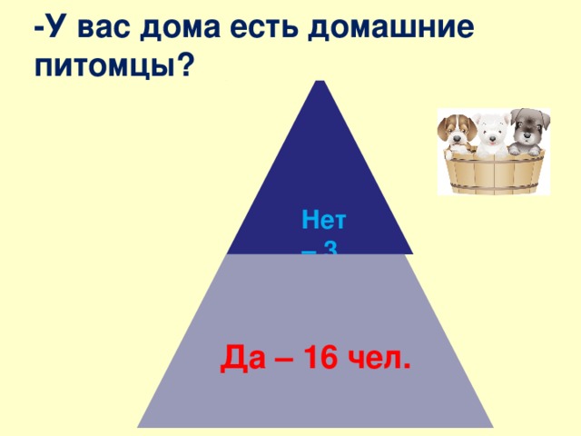 -У вас дома есть домашние питомцы?     Нет – 3 чел. Да – 16 чел. 