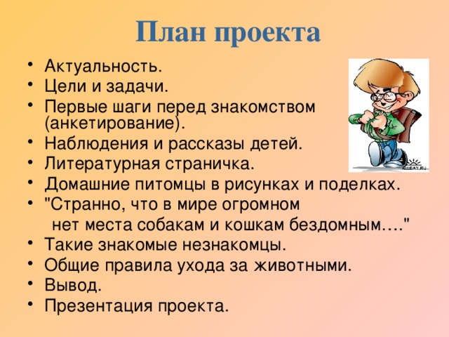 План проекта Актуальность. Цели и задачи. Первые шаги перед знакомством (анкетирование). Наблюдения и рассказы детей. Литературная страничка. Домашние питомцы в рисунках и поделках. 