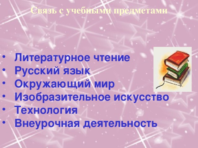 Связь с учебными предметами Литературное чтение Русский язык Окружающий мир Изобразительное искусство Технология Внеурочная деятельность 