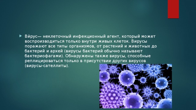 Ви́рус— неклеточный инфекционный агент, который может воспроизводиться только внутри живых клеток. Вирусы поражают все типы организмов, от растений и животных до бактерий и архей (вирусы бактерий обычно называют бактериофагами). Обнаружены также вирусы, способные реплицироваться только в присутствии других вирусов (вирусы-сателлиты). 