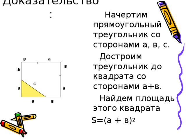  Начертим прямоугольный треугольник со сторонами а, в, с.  Достроим треугольник до квадрата со сторонами а+в.  Найдем площадь этого квадрата  S=( а + в) 2 