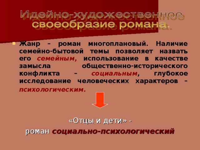 Жанр – роман многоплановый. Наличие семейно-бытовой темы позволяет назвать его семейным , использование в качестве замысла общественно-исторического конфликта – социальным , глубокое исследование человеческих характеров – психологическим .