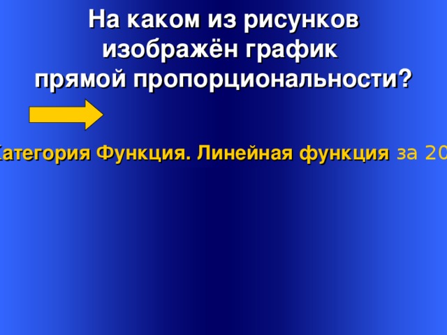 На каком из рисунков изображён график прямой пропорциональности?   Категория Функция. Линейная функция  за 200  Welcome to Power Jeopardy   © Don Link, Indian Creek School, 2004 You can easily customize this template to create your own Jeopardy game. Simply follow the step-by-step instructions that appear on Slides 1-3. 4 