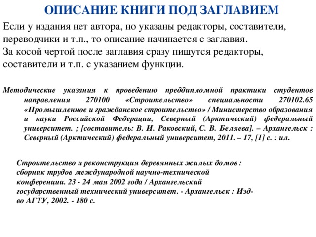 ОПИСАНИЕ КНИГИ ПОД ЗАГЛАВИЕМ Если у издания нет автора, но указаны редакторы, составители, переводчики и т.п., то описание начинается с заглавия. За косой чертой после заглавия сразу пишутся редакторы, составители и т.п. с указанием функции.  Методические указания к проведению преддипломной практики студентов направления 270100 «Строительство» специальности 270102.65 «Промышленное и гражданское строительство» / Министерство образования и науки Российской Федерации, Северный (Арктический) федеральный университет. ; [составитель: В. И. Раковский, С. В. Беляева]. – Архангельск : Северный (Арктический) федеральный университет, 2011. – 17, [1] с. : ил.     Строительство и реконструкция деревянных жилых домов : сборник трудов международной научно-технической конференции. 23 - 24 мая 2002 года / Архангельский государственный технический университет. - Архангельск : Изд-во АГТУ, 2002. - 180 с.  