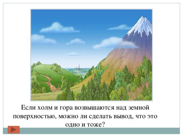  Если холм и гора возвышаются над земной поверхностью, можно ли сделать вывод, что это одно и тоже? 
