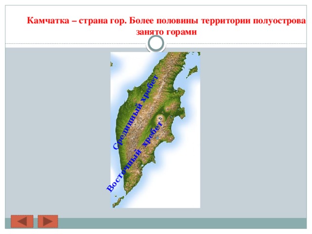 Срединный хребет Восточный хребет Камчатка – страна гор. Более половины территории полуострова занято горами 