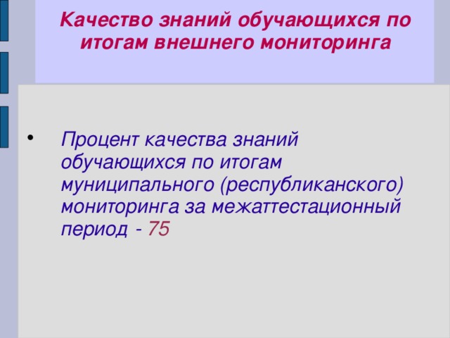 Качество знаний обучающихся по итогам внешнего мониторинга   Процент качества знаний обучающихся по итогам муниципального (республиканского) мониторинга за межаттестационный период - 75 
