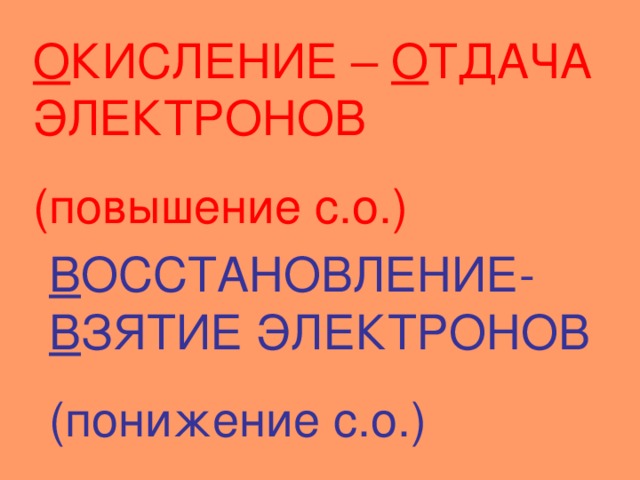 О КИСЛЕНИЕ – О ТДАЧА ЭЛЕКТРОНОВ (повышение с.о.) В ОССТАНОВЛЕНИЕ- В ЗЯТИЕ ЭЛЕКТРОНОВ (понижение с.о.) 