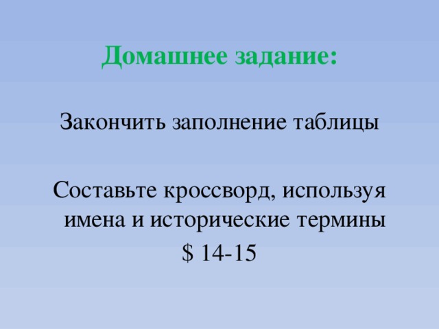 Домашнее задание: Закончить заполнение таблицы Составьте кроссворд, используя имена и исторические термины $ 14-15 